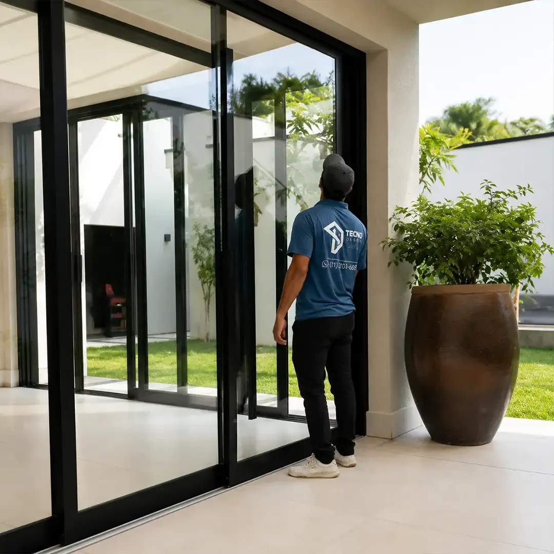 Instalação de porta de vidro em obra