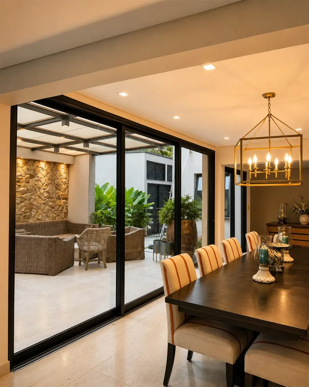 Sala de jantar integrada ao jardim por esquadrias de vidro